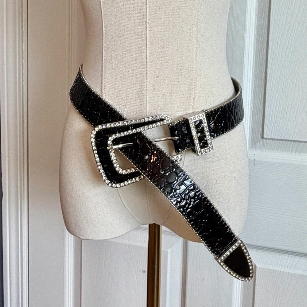 Western Faux Croc Rhinestone Buckle Belt Black Patent 99704 BP